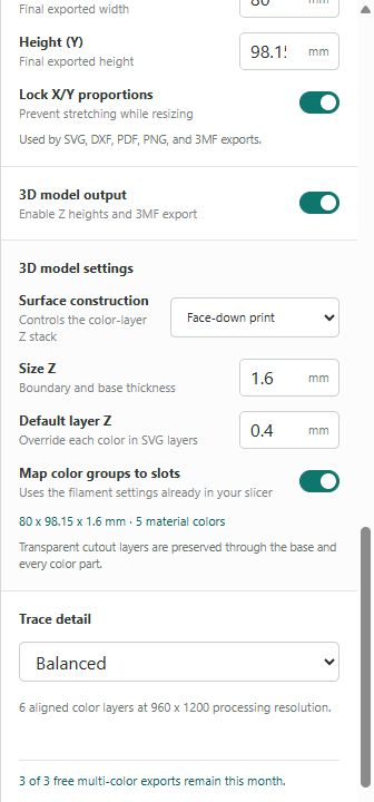 SVG Line Tracer 3MF controls for dimensions, Z heights, face-down construction, and color-slot mapping